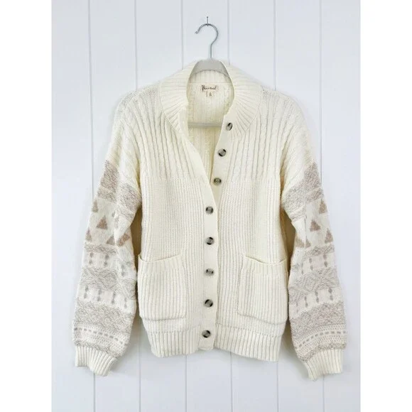 Hem & Thread Ivory Super Soft Knitted Aztec Cardigan Boho Southwestern Sweater S - Picture 1 of 8